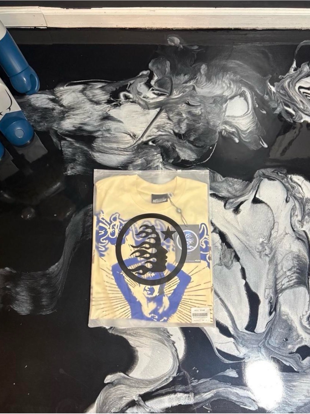 Yellow Short-Sleeve Graphic Tee with Blue Artwork